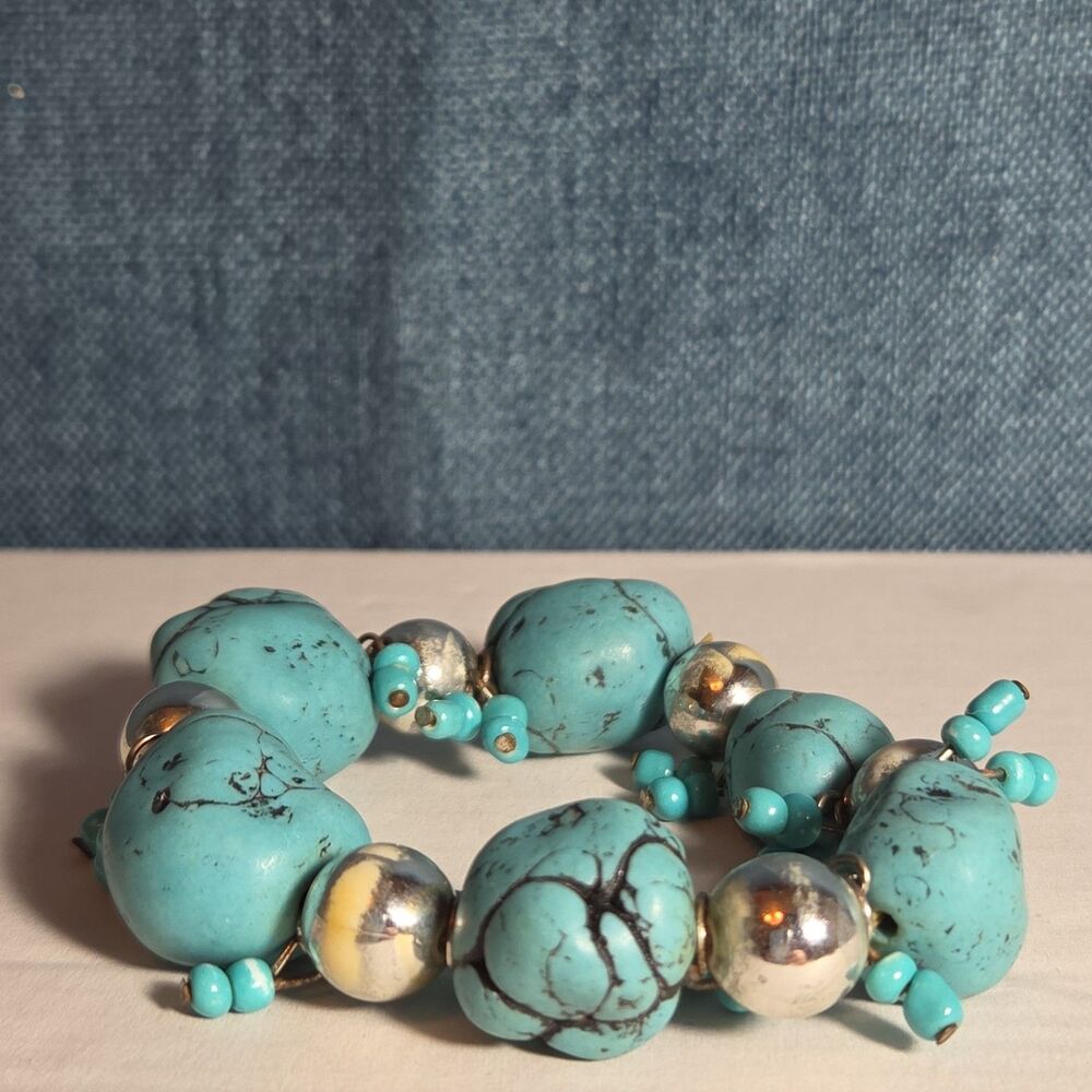 Chunky Faux Turquoise Silver Tone Stretch Bracelet Boho Y2K NWOT - Picture 9 of 16
